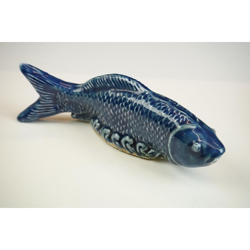 52 - Pair of Chinese Blue Glazed Koi Carp pottery figures, approx 21cm long