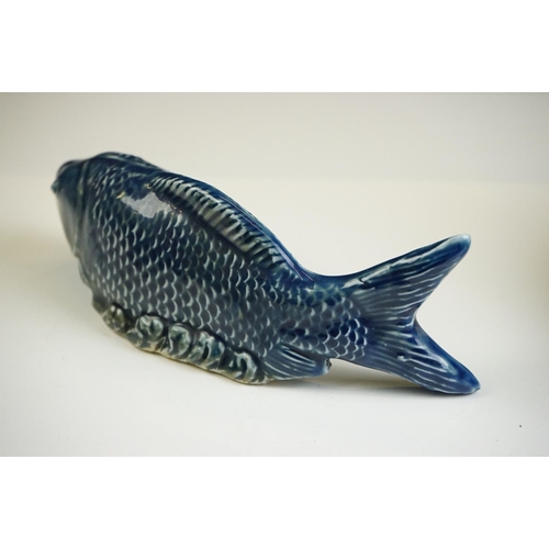 52 - Pair of Chinese Blue Glazed Koi Carp pottery figures, approx 21cm long