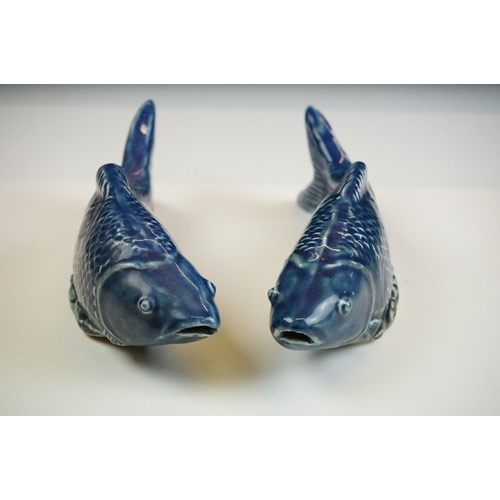 52 - Pair of Chinese Blue Glazed Koi Carp pottery figures, approx 21cm long