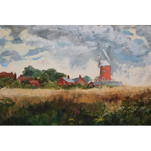 483 - Gilt framed oils on board, a view of farmhouse and windmill through cornfields in Summer, signed wit... 