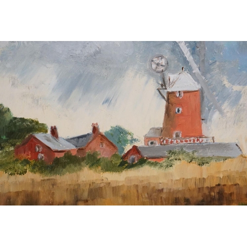 483 - Gilt framed oils on board, a view of farmhouse and windmill through cornfields in Summer, signed wit... 