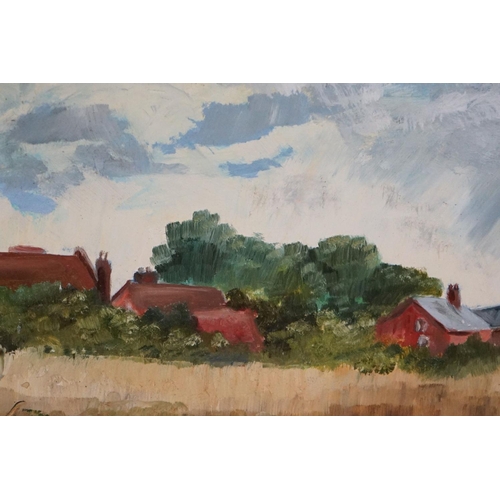 483 - Gilt framed oils on board, a view of farmhouse and windmill through cornfields in Summer, signed wit... 