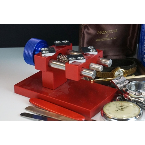 321 - A collection of watch repair tools together with a small group of ladies and gents watches to includ... 