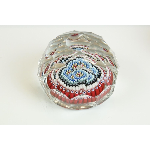 55 - Six Whitefriars faceted glass concentric millefiori paperweights, of varying colours, to include an ... 