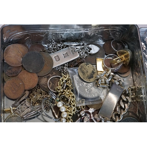 322 - A box of mixed collectables to include a hallmarked sterling silver ingot pendant ad necklace, coins... 