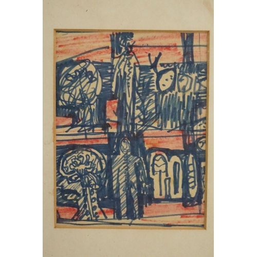 485 - Interesting framed abstract surrealist drawing of figures and symbolic symbols