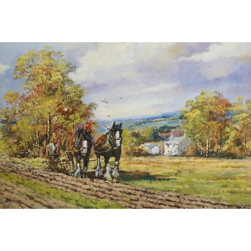 486 - Alan King (British contemporary) Pair of Oil Paintings on Canvas of Shire Horses titled Devon Plough... 