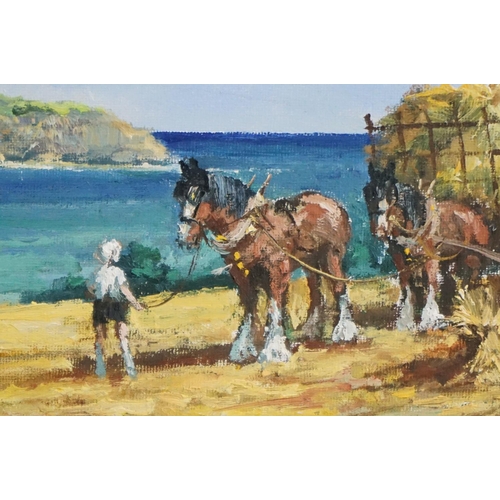 486 - Alan King (British contemporary) Pair of Oil Paintings on Canvas of Shire Horses titled Devon Plough... 