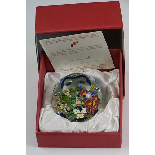 60 - Nine Perthshire glass paperweights to include 5 x boxed ltd edn examples (Wild Pansy Weight with CoA... 