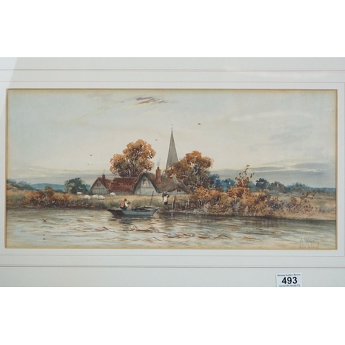 493 - Amy Watts, 19th century, a tranquil rural river scene with figures and sheep, label to verso ( artis... 