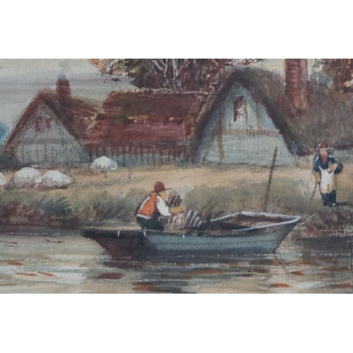 493 - Amy Watts, 19th century, a tranquil rural river scene with figures and sheep, label to verso ( artis... 