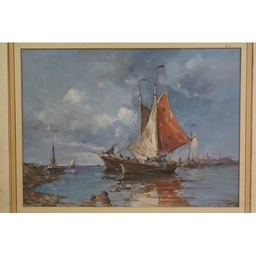 495 - Oil on panel, extensive coastal scene with fishing boats