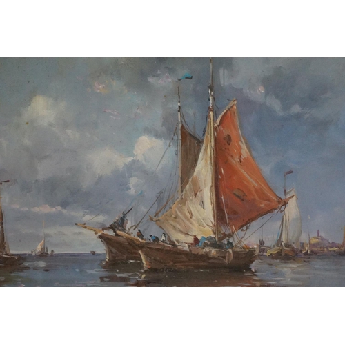 495 - Oil on panel, extensive coastal scene with fishing boats