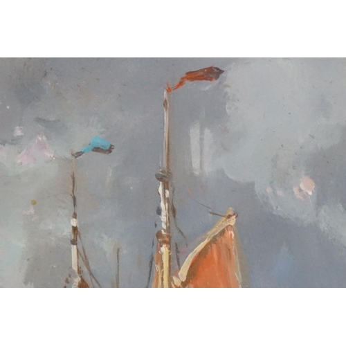 495 - Oil on panel, extensive coastal scene with fishing boats