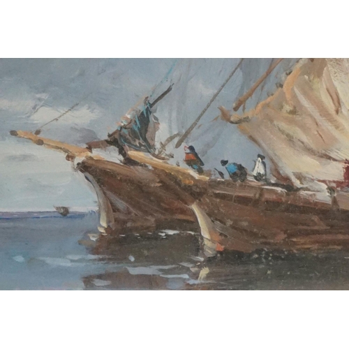 495 - Oil on panel, extensive coastal scene with fishing boats