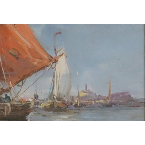 495 - Oil on panel, extensive coastal scene with fishing boats