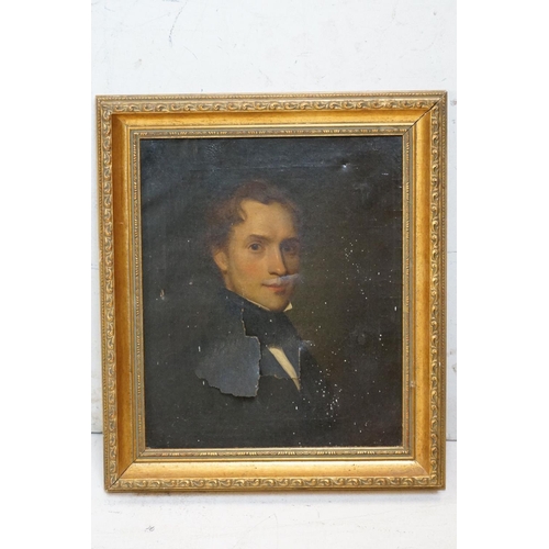 497 - 19th century Oil Painting on Canvas (damaged) Head and Shoulders Portrait of a Young Man, 32cm x 27c... 