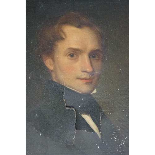 497 - 19th century Oil Painting on Canvas (damaged) Head and Shoulders Portrait of a Young Man, 32cm x 27c... 