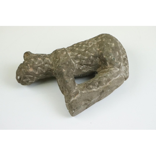 65 - Rustic pottery figure of a cat, in the antique style, with carved effect to surface, 12cm long