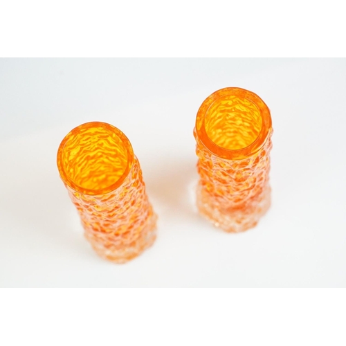 66A - Pair of Whitefriars Tangerine Cylindrical Textured 'Bark' Bud Vases, from Geoffrey Baxter's textured... 