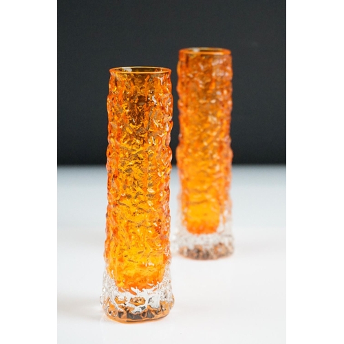 66A - Pair of Whitefriars Tangerine Cylindrical Textured 'Bark' Bud Vases, from Geoffrey Baxter's textured... 