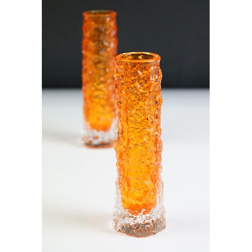 66A - Pair of Whitefriars Tangerine Cylindrical Textured 'Bark' Bud Vases, from Geoffrey Baxter's textured... 