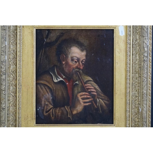 499 - 19th century Oil Painting on Panel Portrait of a Country Man playing a Penny Whistle, unsigned, 20cm... 