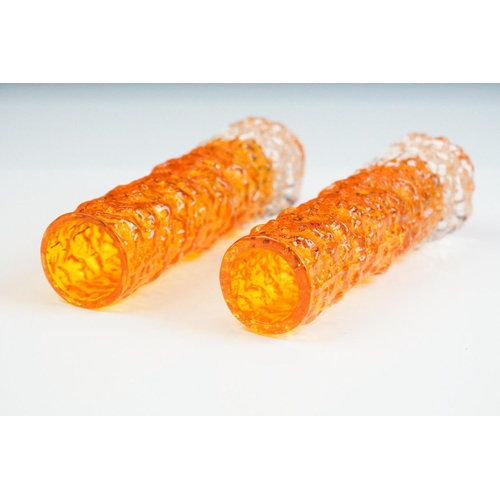 66A - Pair of Whitefriars Tangerine Cylindrical Textured 'Bark' Bud Vases, from Geoffrey Baxter's textured... 