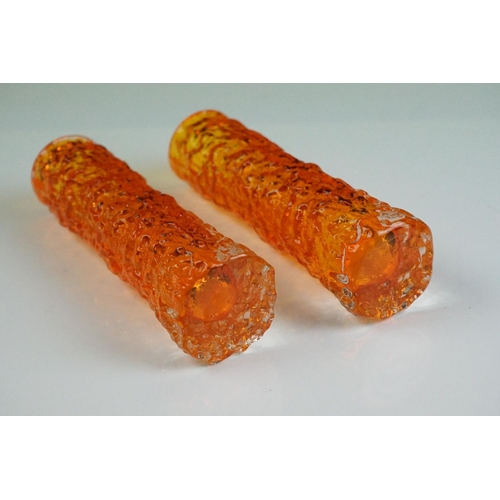 66A - Pair of Whitefriars Tangerine Cylindrical Textured 'Bark' Bud Vases, from Geoffrey Baxter's textured... 