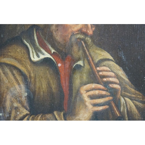 499 - 19th century Oil Painting on Panel Portrait of a Country Man playing a Penny Whistle, unsigned, 20cm... 