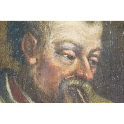 499 - 19th century Oil Painting on Panel Portrait of a Country Man playing a Penny Whistle, unsigned, 20cm... 