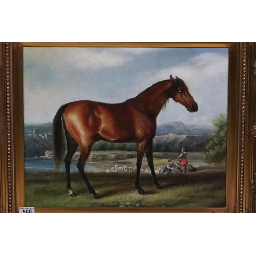 500 - Contemporary Oil Painting on Canvas of a Thoroughbred Bay Horse, Figures and Sheep in a Landscape, 4... 