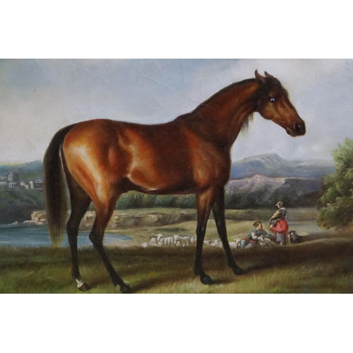 500 - Contemporary Oil Painting on Canvas of a Thoroughbred Bay Horse, Figures and Sheep in a Landscape, 4... 