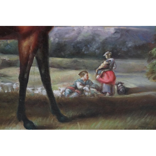 500 - Contemporary Oil Painting on Canvas of a Thoroughbred Bay Horse, Figures and Sheep in a Landscape, 4... 