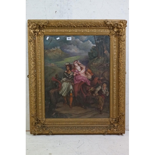 501 - Pastel Painting of a Medieval Knight and Maiden on a donkey fleeing along a country lane, 70cm x 55c... 