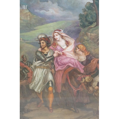 501 - Pastel Painting of a Medieval Knight and Maiden on a donkey fleeing along a country lane, 70cm x 55c... 