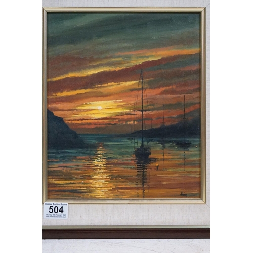 504 - Alan King (British contemporary) Oil on Canvas titled ' Cornish Sunset ' signed and dated 1994 with ... 