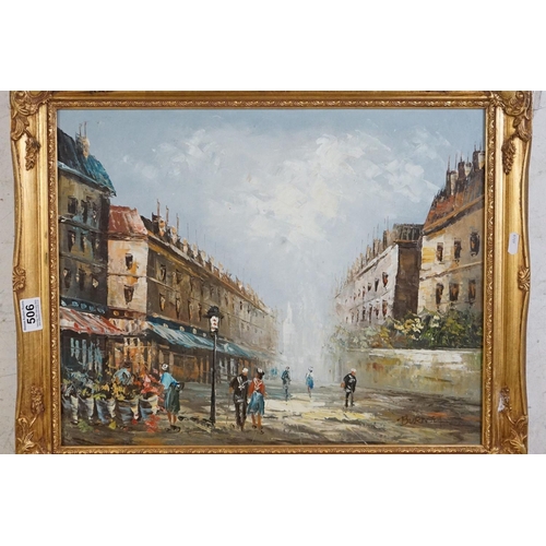 506 - Burnett, Two Mid century Oil Paintings on Canvas of French Parisian Street Scenes, both signed, 39cm... 