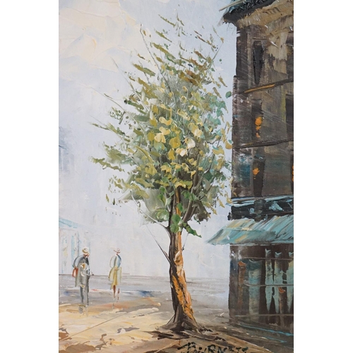 506 - Burnett, Two Mid century Oil Paintings on Canvas of French Parisian Street Scenes, both signed, 39cm... 