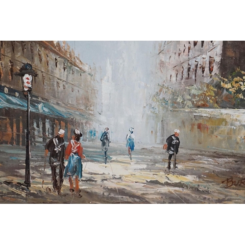 506 - Burnett, Two Mid century Oil Paintings on Canvas of French Parisian Street Scenes, both signed, 39cm... 