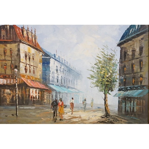 506 - Burnett, Two Mid century Oil Paintings on Canvas of French Parisian Street Scenes, both signed, 39cm... 