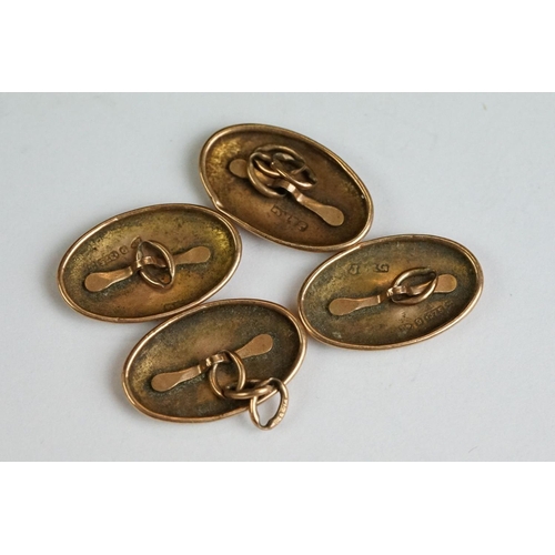 221 - A pair of hallmarked 9ct gold cufflinks together with a yellow metal brooch and pendant.