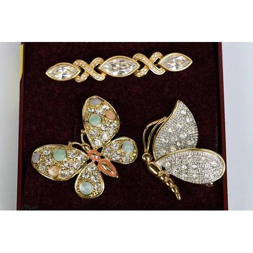 223 - Swarovski 1970s bar brooch & two diamante butterfly brooches