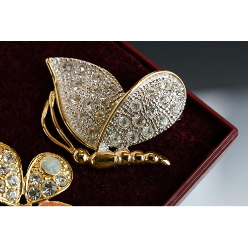 223 - Swarovski 1970s bar brooch & two diamante butterfly brooches