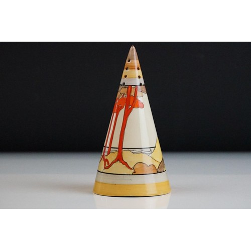 64 - Clarice Cliff for Wilkinson Pottery - ' Coral Firs ' pattern Bizarre range conical sugar sifter, pri... 