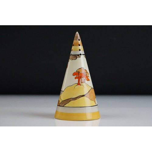 64 - Clarice Cliff for Wilkinson Pottery - ' Coral Firs ' pattern Bizarre range conical sugar sifter, pri... 