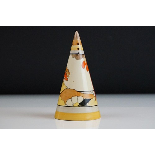 64 - Clarice Cliff for Wilkinson Pottery - ' Coral Firs ' pattern Bizarre range conical sugar sifter, pri... 