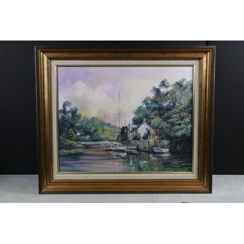 148 - Alan King (20th Century) Oil on Canvas ' Tranquil Mooring ', depicting boats in harbour, signed & da... 