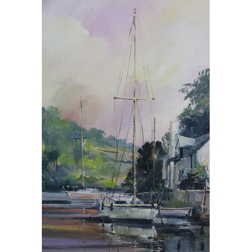 148 - Alan King (20th Century) Oil on Canvas ' Tranquil Mooring ', depicting boats in harbour, signed & da... 