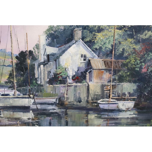 148 - Alan King (20th Century) Oil on Canvas ' Tranquil Mooring ', depicting boats in harbour, signed & da... 